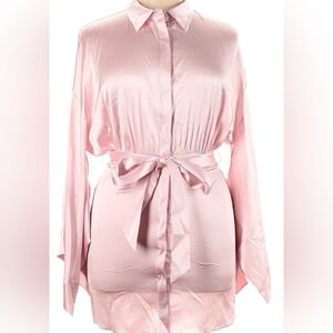 Retrofete Silk Blend Pink Flare Arm  Belted Button Front Mini Cocktail Dress, XL